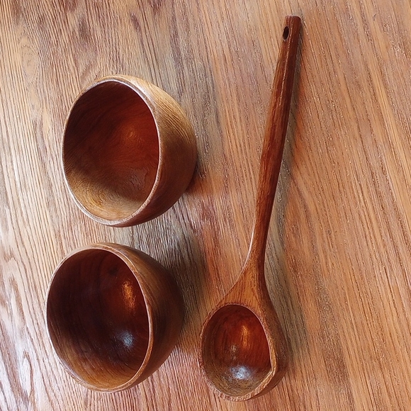 Wood Soup Bowls and Ladel - Picture 1 of 10